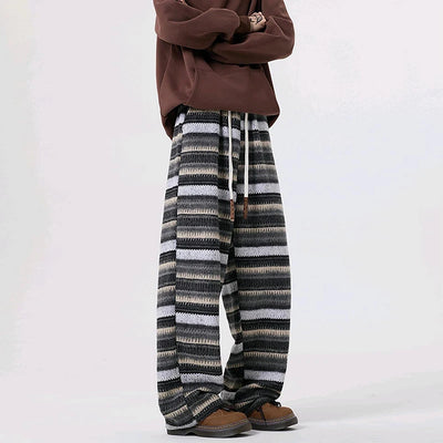 Vintage Striped Woolen Pants Mens Streetwear Fashion Drawstring Loose Straight Woolen Trousers Men 2025 Spring Fall Casual Pants