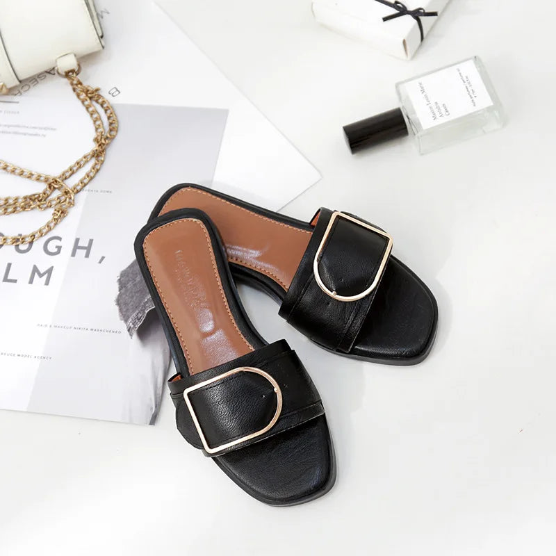 Sophia Designer Slide Sandals – Women’s Square Toe Leather Flats