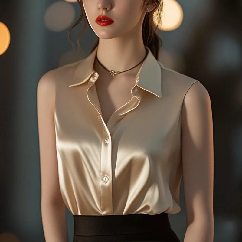 Lorenza Satin Sleeveless Blouse – Women’s Polo-Neck Top