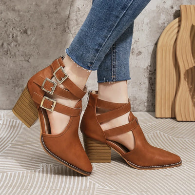 Elena Buckle Strap Block-Heel Booties