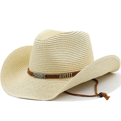 Beige straw cowboy hat with a brown band on a white background