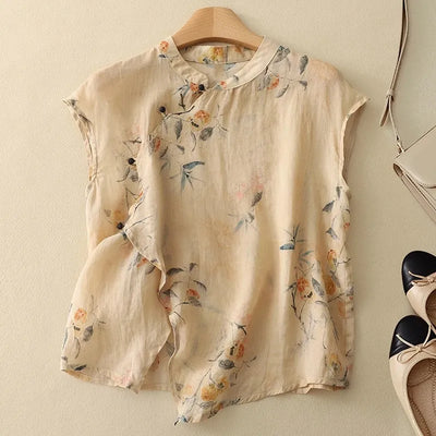Mei Linen Sleeveless Blouse – Floral Loose Fit Summer Top