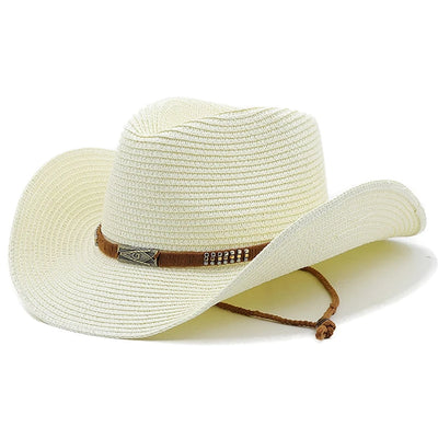 Beige straw cowboy hat with a brown band on a white background