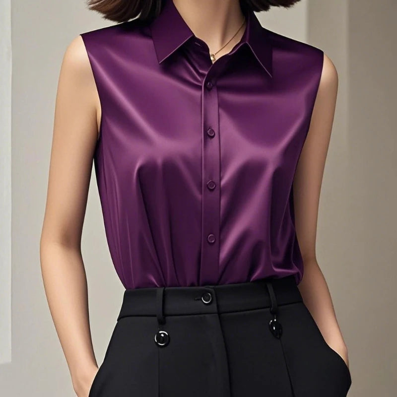 Lorenza Satin Sleeveless Blouse – Women’s Polo-Neck Top