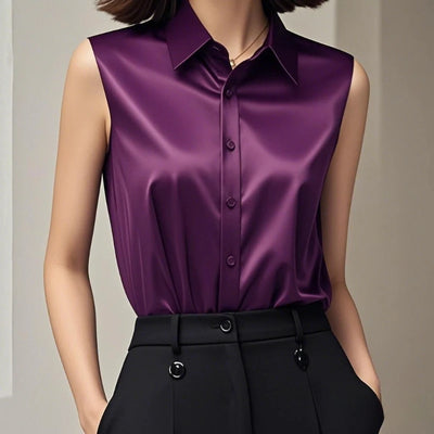 Lorenza Satin Sleeveless Blouse – Women’s Polo-Neck Top