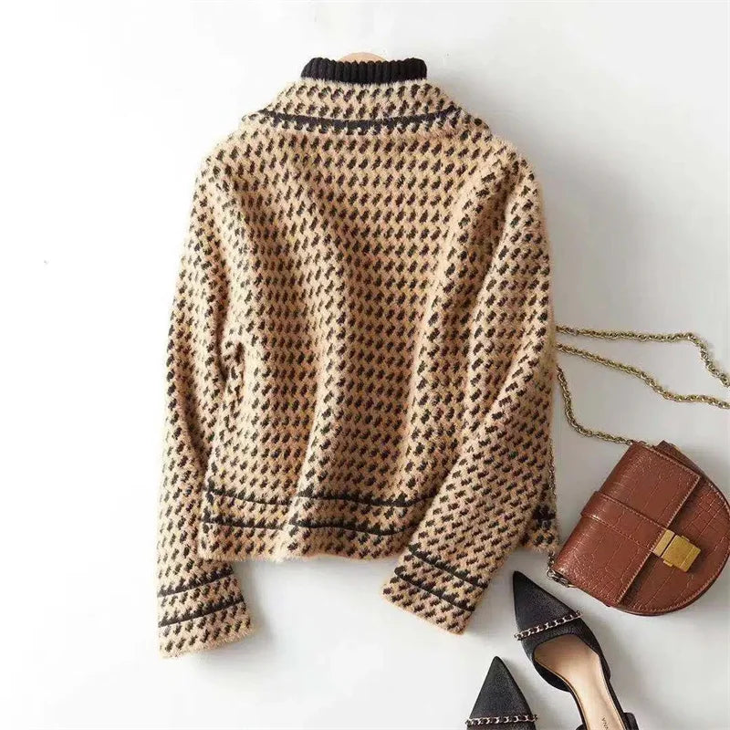 Adele Houndstooth Knit Jacket – Women’s Short Cardigan Coat