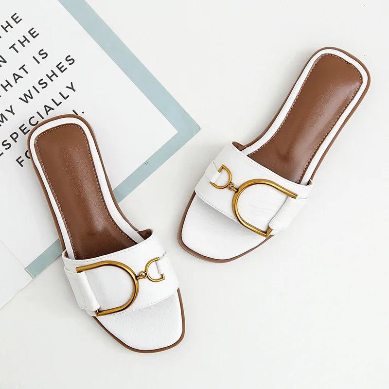 Sophia Designer Slide Sandals – Women’s Square Toe Leather Flats