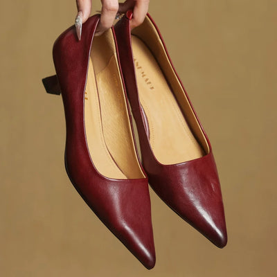 Pair of maroon high-heeled shoes held against a beige background
