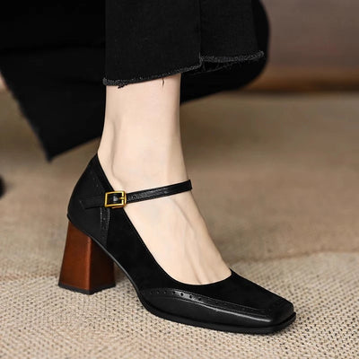 Clara Leather Heeled Shoes – Women’s Thick Heel Office Pumps