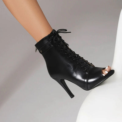 Mia Peep-Toe Stiletto Boots – Women’s Lace-Up Ankle Heels