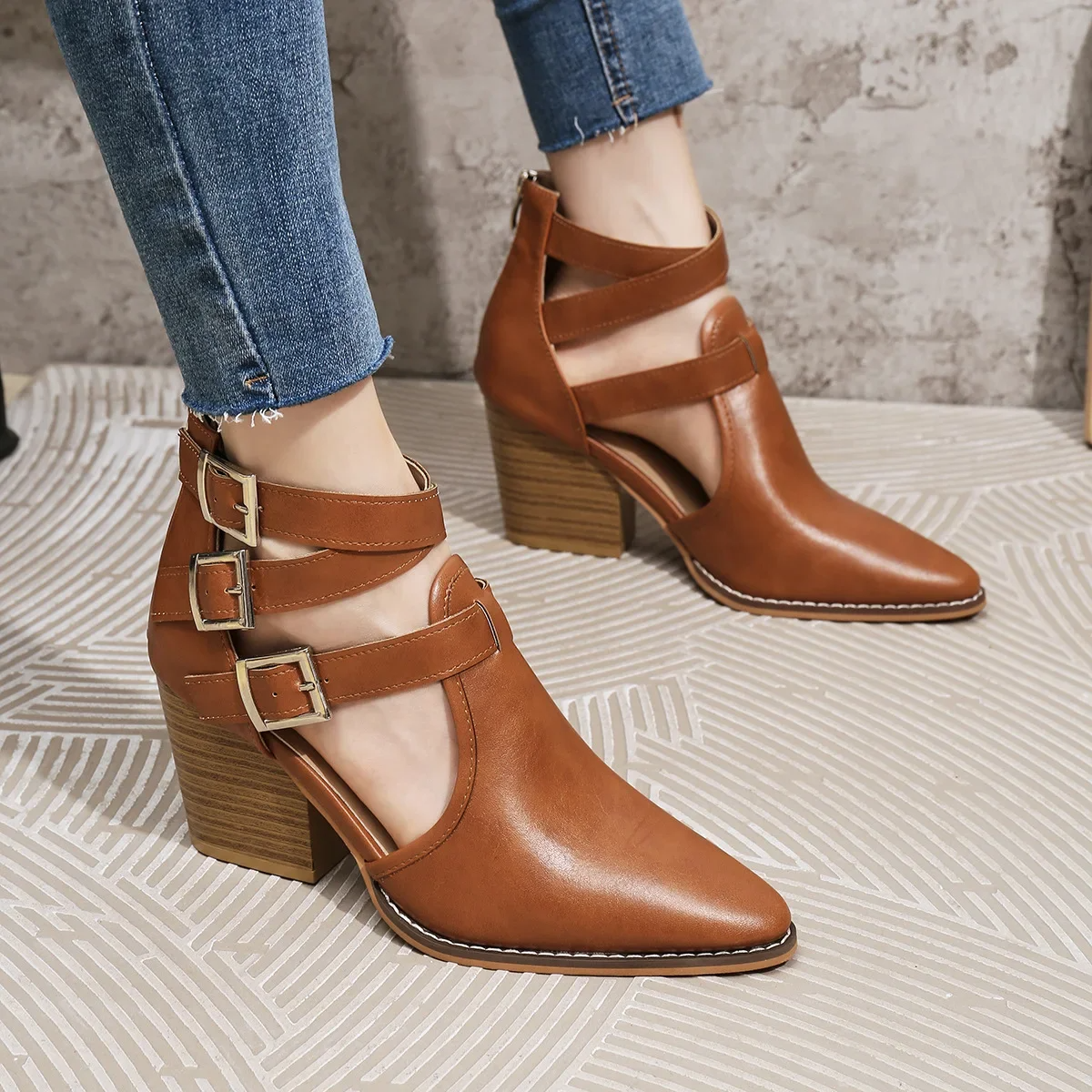 Elena Buckle Strap Block-Heel Booties