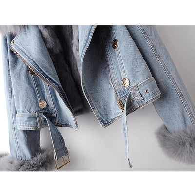 Light blue denim jacket with fur trim on a white background