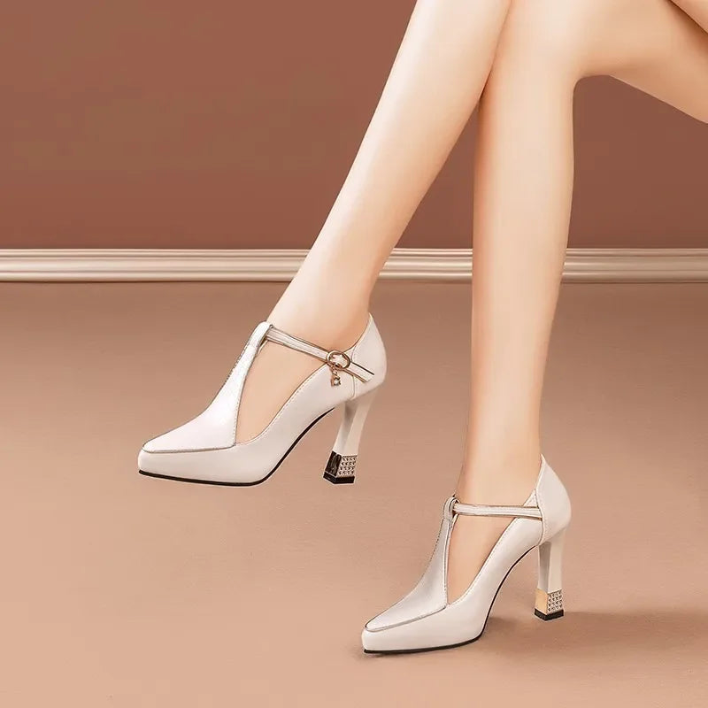 Colette T-Strap Heels - Women’s Pointed Toe Block Pumps with Gold Charm