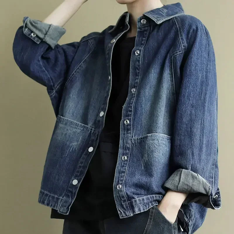 Lina Blue Denim Jacket - Women's Relaxed Fit with Frayed Detail