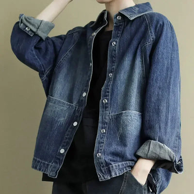 Lina Blue Denim Jacket - Women's Relaxed Fit with Frayed Detail