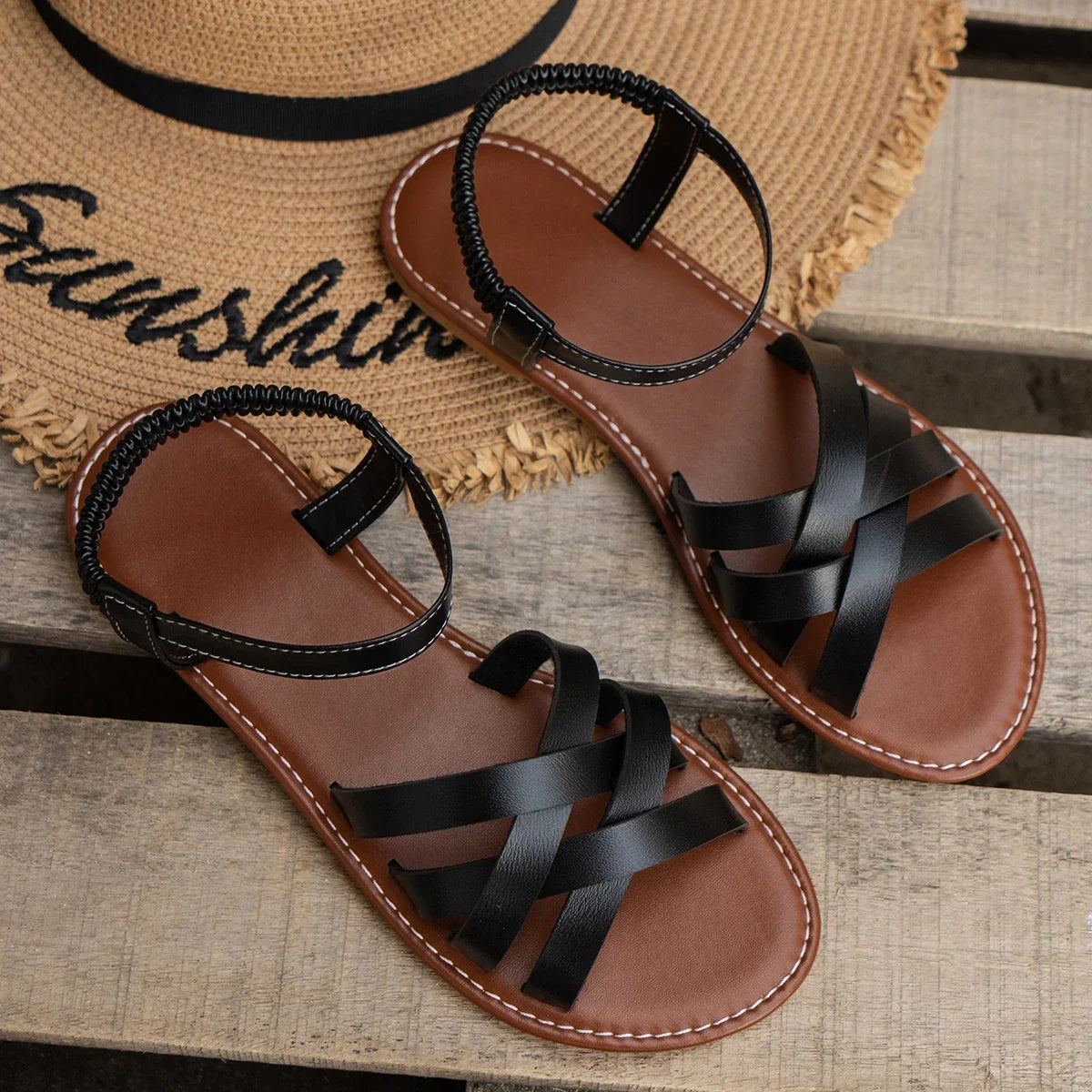 Callie Leather Flat Sandals – Women's Roman Strap Slip-On with Non-Slip Rubber Sole