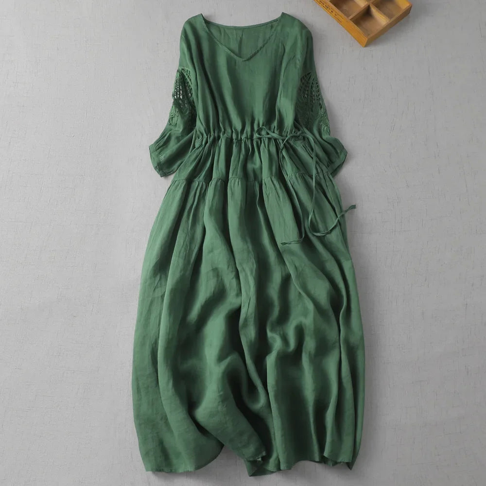 Isabella Linen Midi Dress – Hollow-Sleeve
