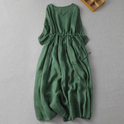 Isabella Linen Midi Dress – Hollow-Sleeve
