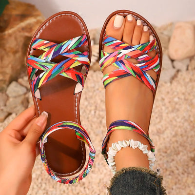 Callie Leather Flat Sandals – Women's Roman Strap Slip-On with Non-Slip Rubber Sole