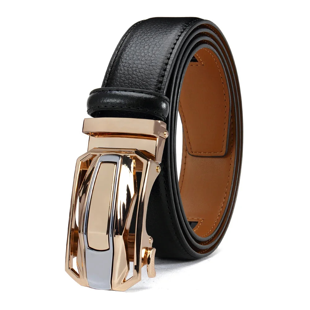A black textured leather belt with a large, geometric automatic buckle featuring a gold-tone outer frame and a silver-tone center plate, coiled on a white background.