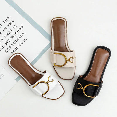 Sophia Designer Slide Sandals – Women’s Square Toe Leather Flats