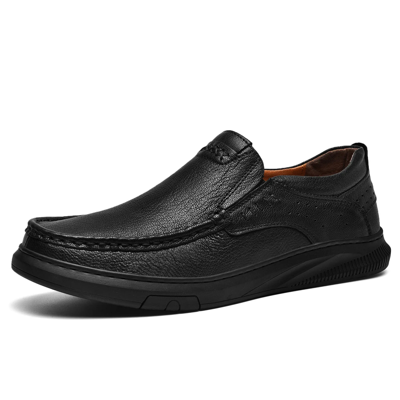 Black leather loafer shoe on a white background