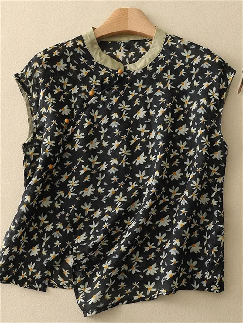 Mei Linen Sleeveless Blouse – Floral Loose Fit Summer Top