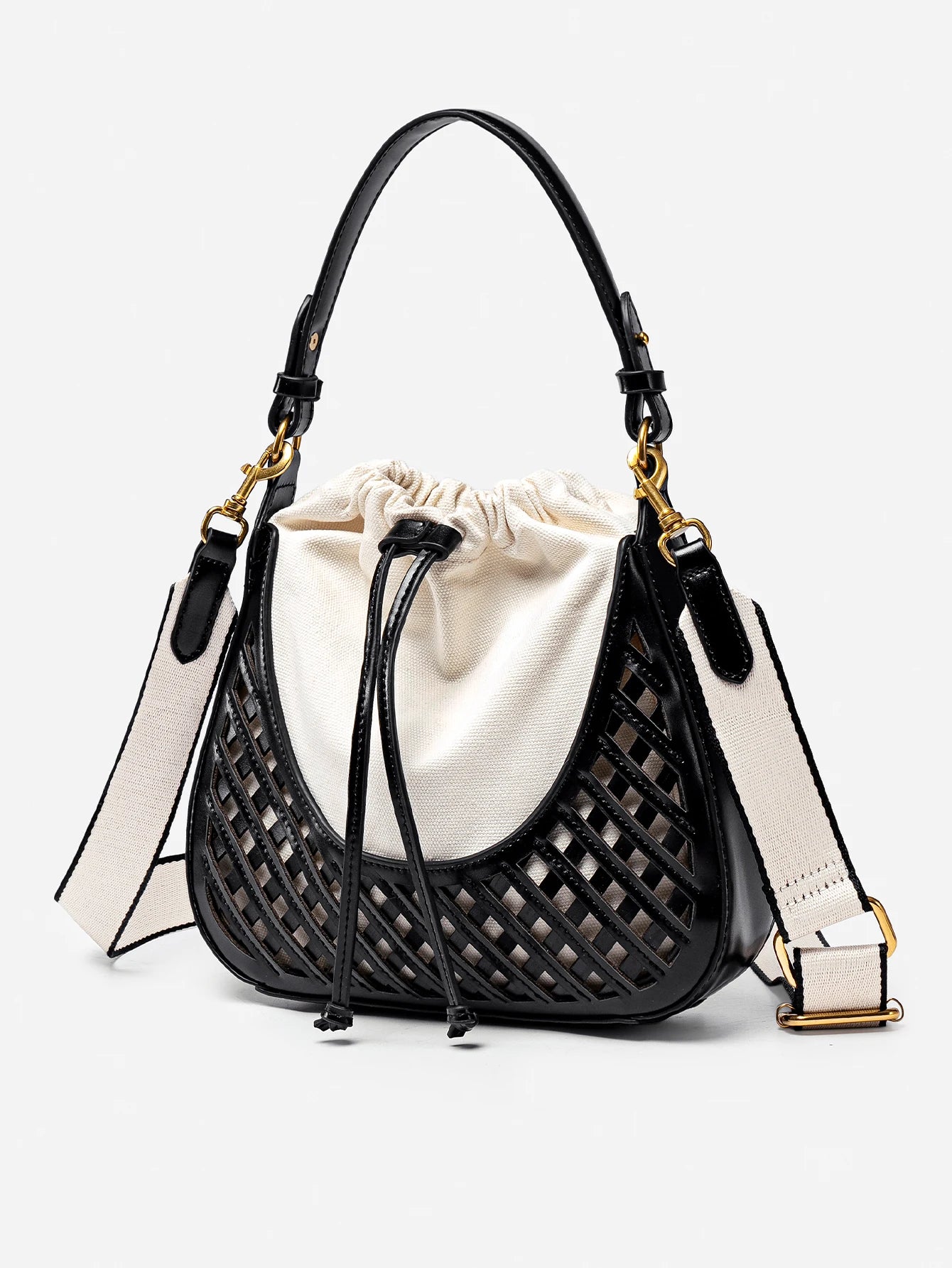 Léa Woven Bucket Bag - Women's Canvas Body with Adjustable Strap