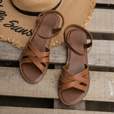 Callie Leather Flat Sandals – Women's Roman Strap Slip-On with Non-Slip Rubber Sole
