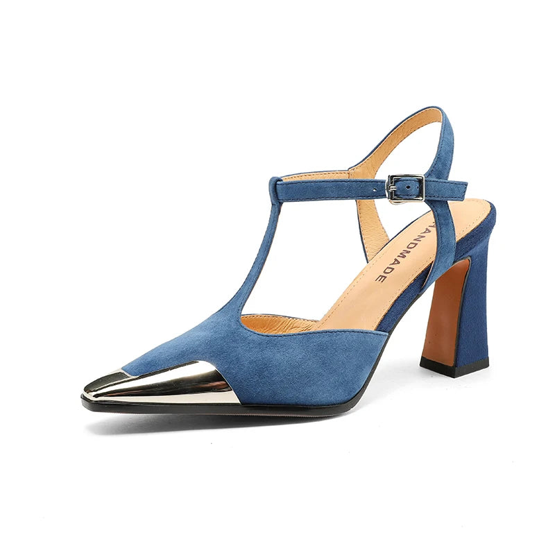 Blue high-heeled shoe with metallic heel on a white background