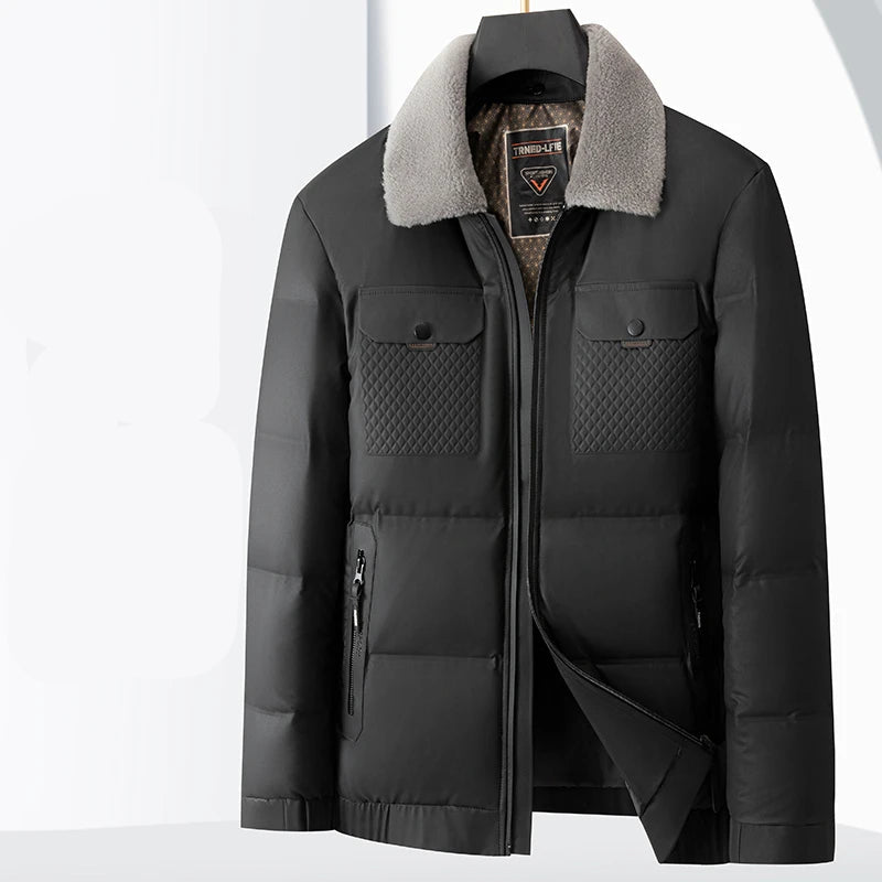 Black winter jacket with gray fur collar on a white background