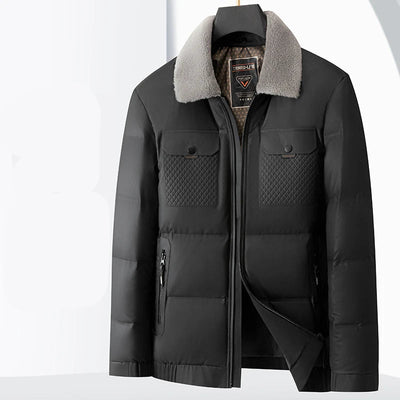 Black winter jacket with gray fur collar on a white background