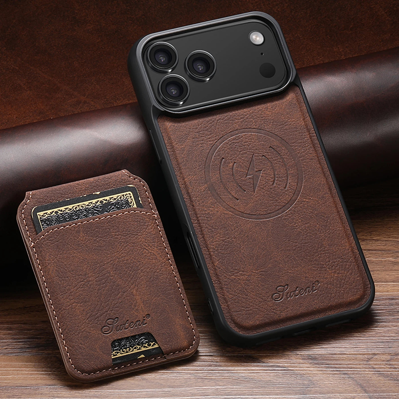 Brown leather phone case with card holder on a wooden surface
