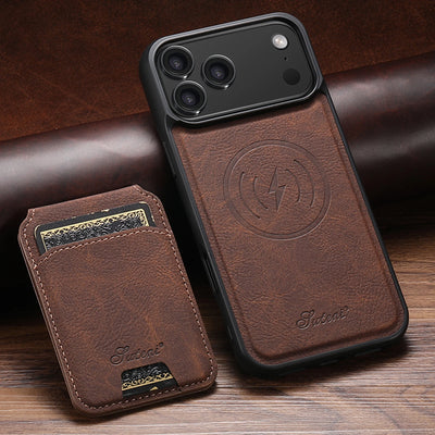 Brown leather phone case with card holder on a wooden surface