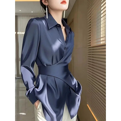 Lina Satin Drape Blouse – Women's Wrap Waist with Polished Silhouette