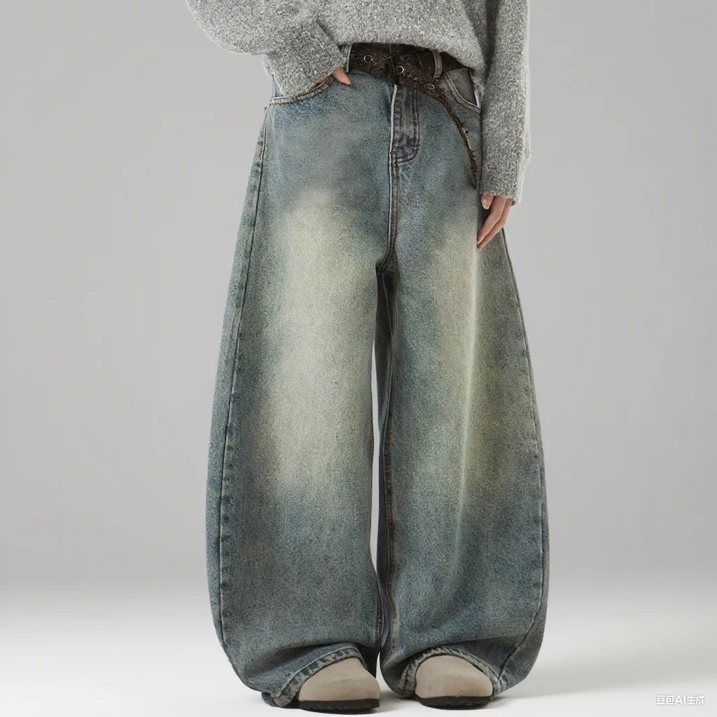 Zane Curved Stitch Baggy Jeans - Men’s Stonewashed Loose Street Fit