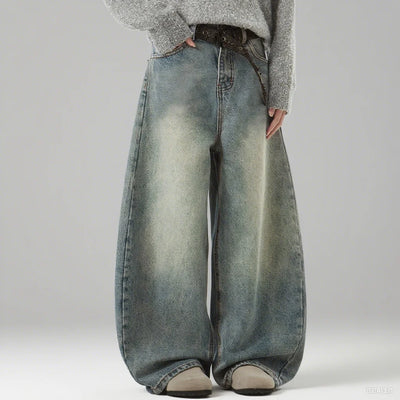 Zane Curved Stitch Baggy Jeans - Men’s Stonewashed Loose Street Fit
