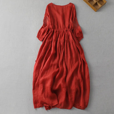 Isabella Linen Midi Dress – Hollow-Sleeve
