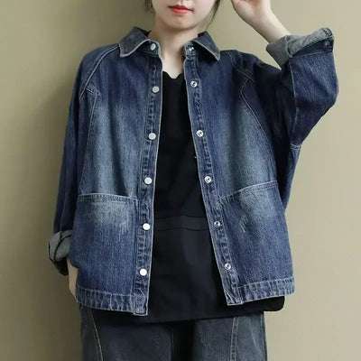 Lina Blue Denim Jacket - Women's Relaxed Fit with Frayed Detail