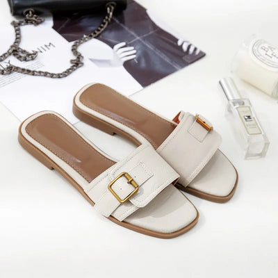 Sophia Designer Slide Sandals – Women’s Square Toe Leather Flats