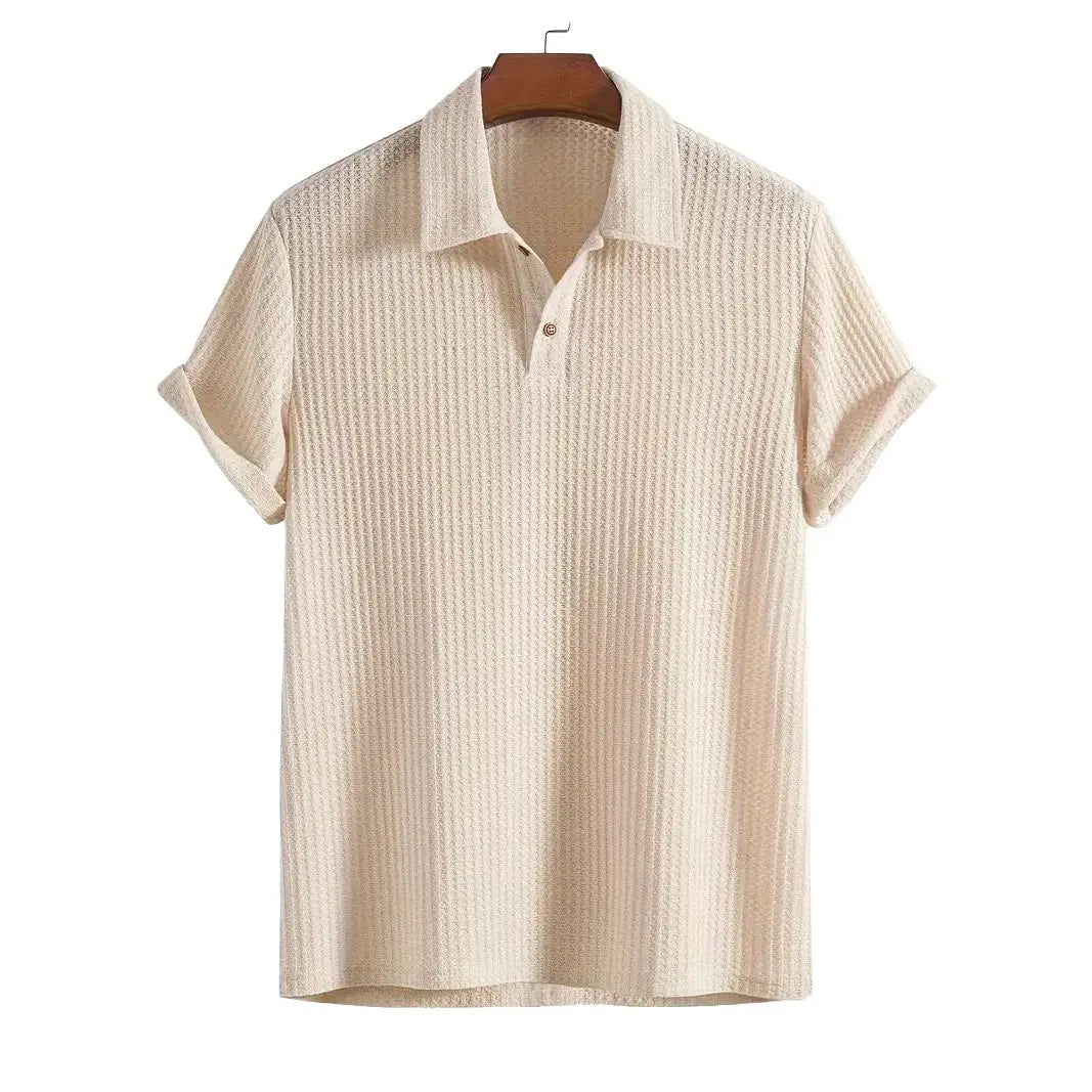 Beige textured polo shirt on a hanger with a white background