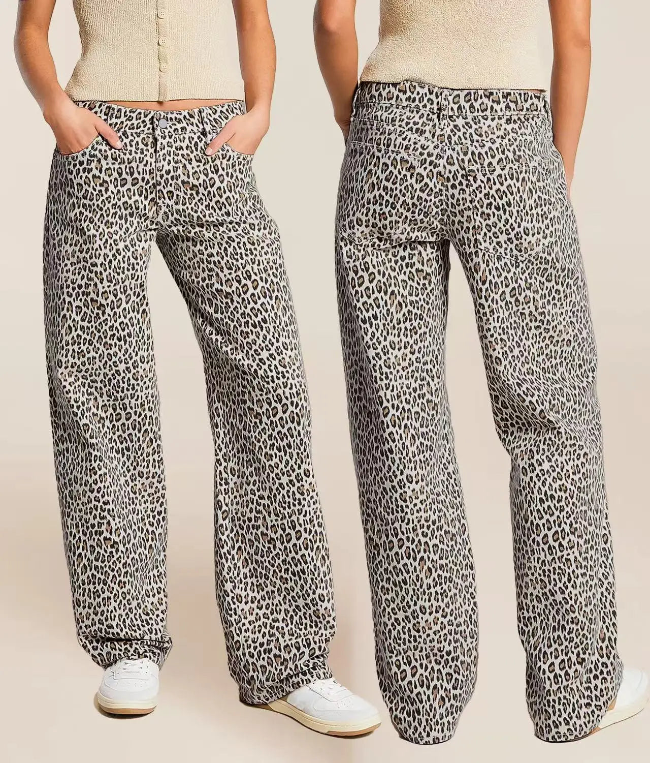 Leopard print pants worn by a person on a beige background