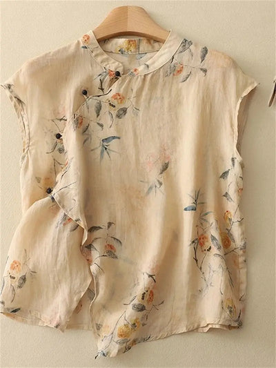 Mei Linen Sleeveless Blouse – Floral Loose Fit Summer Top