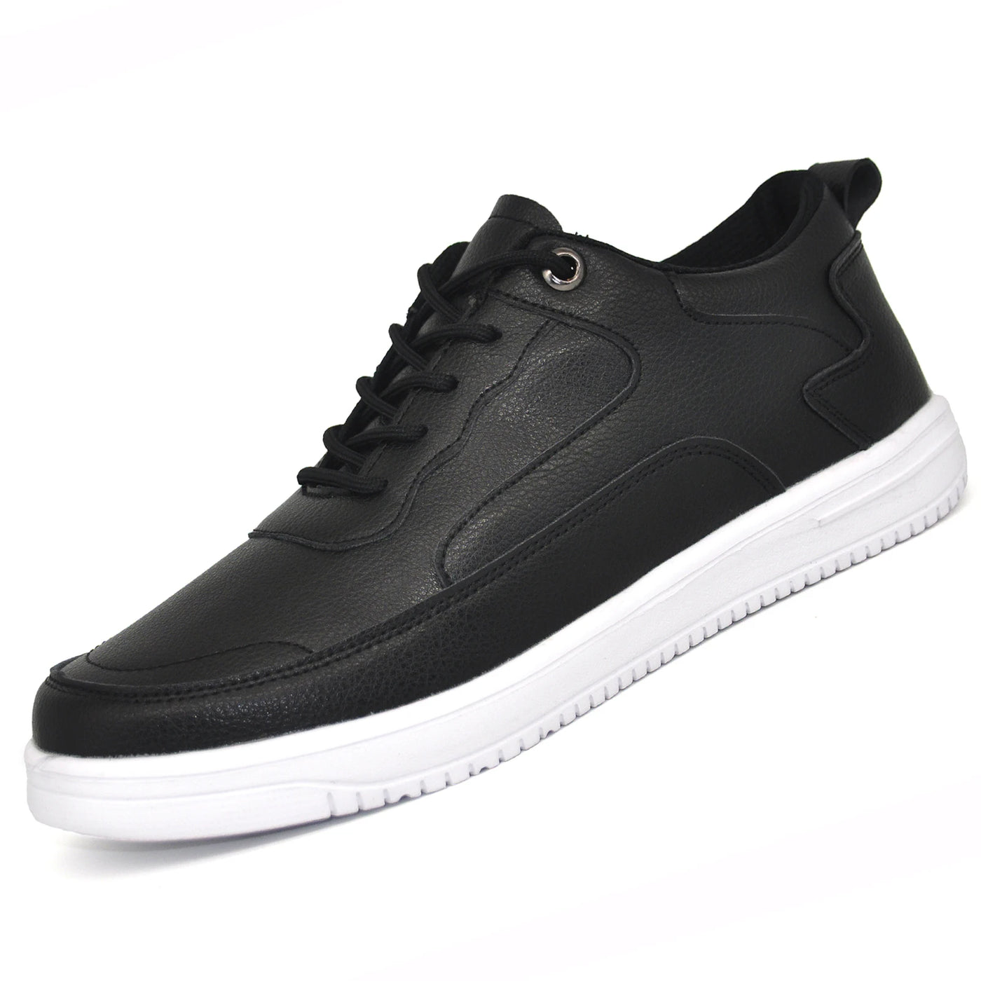Black leather sneaker with white sole on a white background
