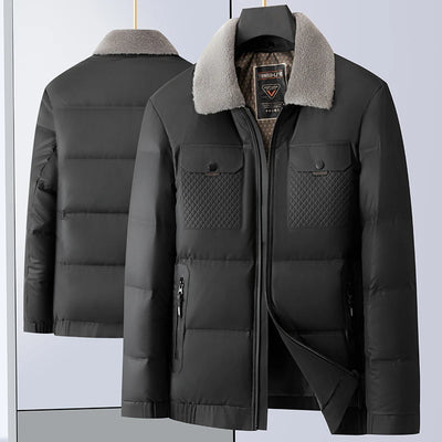 Black puffer jacket with gray fur collar on a light gray background