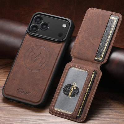 Brown leather phone case with card holder on a wooden surface
