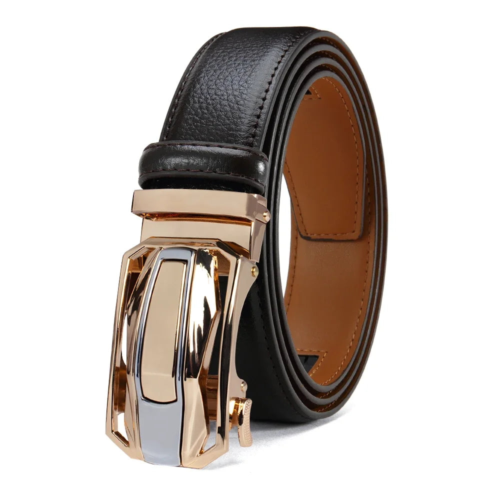 A black textured leather belt with a large, modern geometric automatic buckle in polished rose gold and silver-tone metal, coiled on a white background.