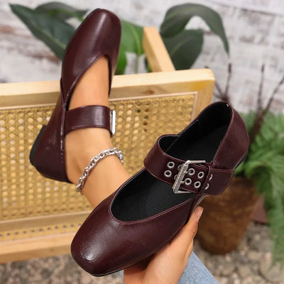 Brown shoes with a strap held by a hand, with a blurred indoor background
