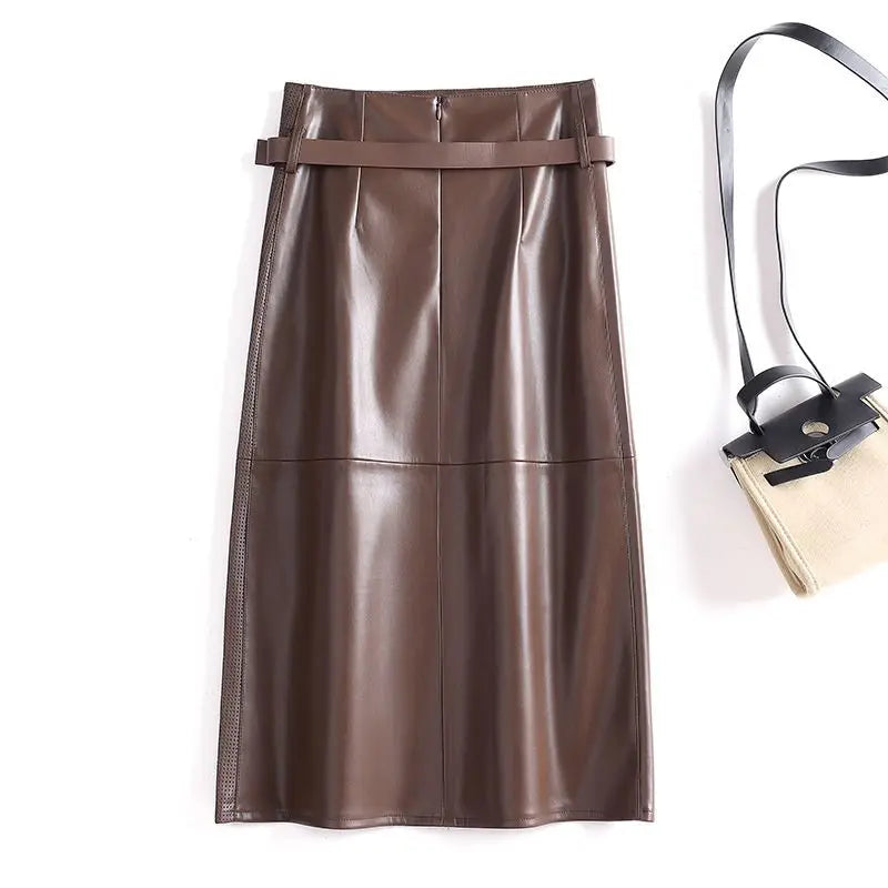 Brown leather skirt with a belt on a white background