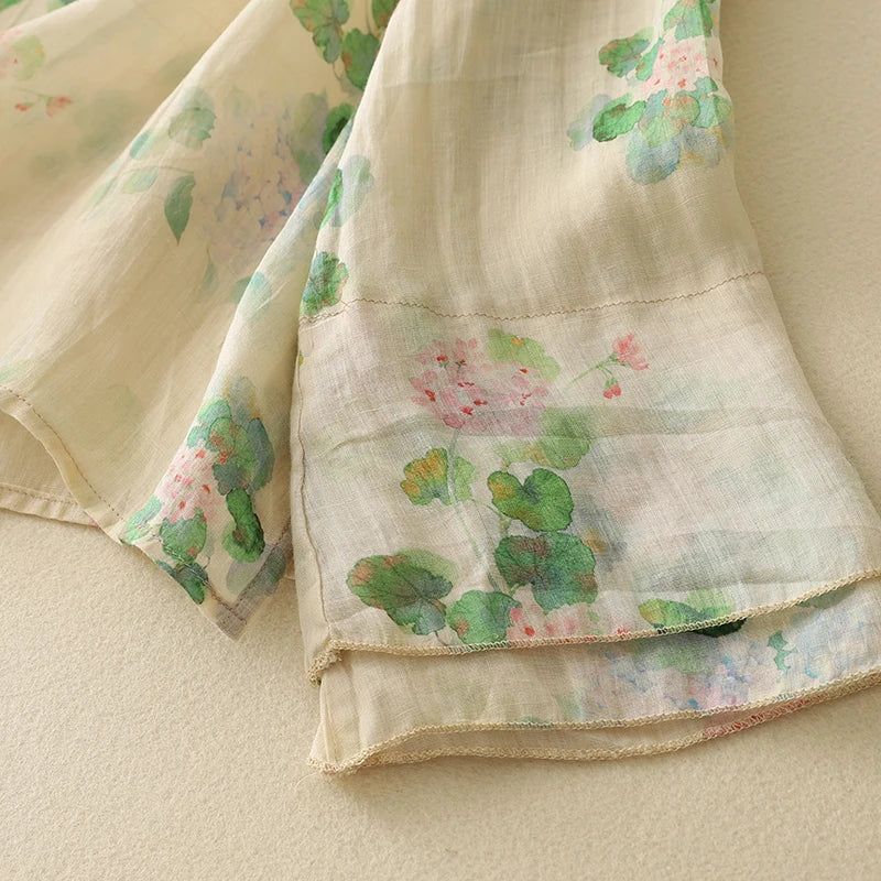 Aria Linen Floral Blouse – Loose Fit Long Sleeve Summer Top